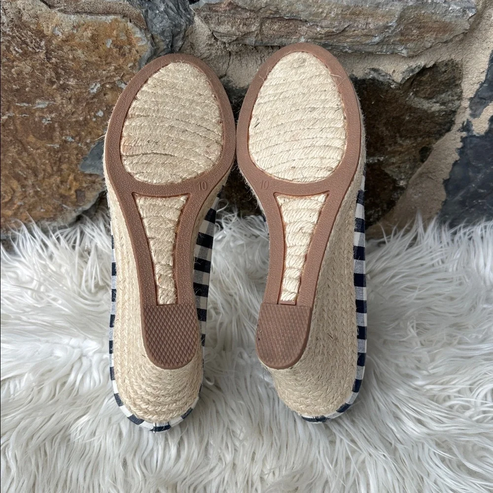 J. Crew Factory Gingham Print Espadrille Wedges in Navy Blue/Ivory Size 10